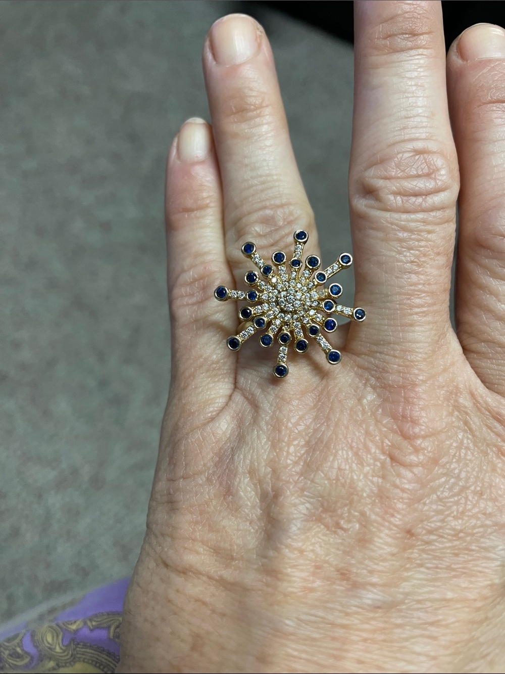 Gold plated Blue & Diamond Starburst Statement spinner Ring